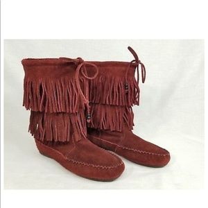 Minnetonka wine colored boots.